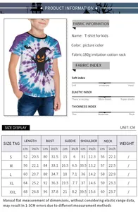 Detaillierte Größentabelle für Kinder Halloween Tie-Dye T-Shirt mit Maßen und Stoffinfos