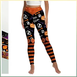 Damen Halloween Leggings Hohe Taille Kürbis Totenkopf Druck Yoga Hose Elastische Gestreifte Fitness Tights