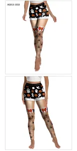 Detail of Halloween yoga leggings with ghost pumpkin print and spider web pattern