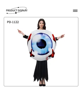 Detail showing white round eyeball costume with blue iris and red blood veins for Halloween