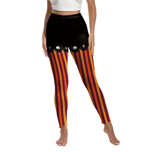 Leggings de yoga Halloween pour femmes avec motifs citrouilles et rayures verticales colorées