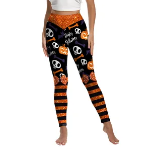 Halloween Yoga-Hose mit hoher Taille, Totenkopf, Kürbis und Glitzerstreifen-Druck