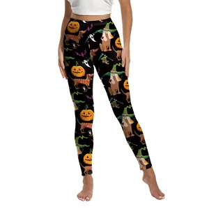 Pantalon de yoga Halloween pour femmes avec motifs citrouilles et teckels sur tissu noir