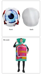 Detail showing eye-pattern pillow and colorful candies print cosplay costume front and back