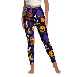 Leggings d'Halloween taille haute pour femmes avec motifs citrouille et crâne violets