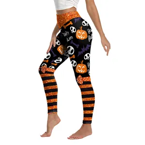 Halloween Leggings mit hoher Taille, Kürbis-Schädel-Print und Glitzerstreifen