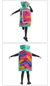 Front and back view of green candy bag costume for adults with colorful jelly bean print