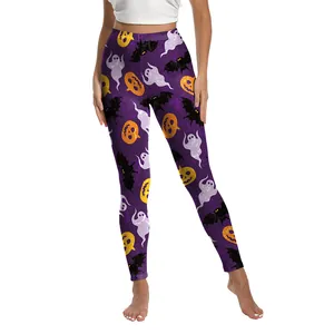 Pantalon de yoga Halloween pour femmes avec motifs fantômes et citrouilles violets