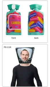 Detail showing vintage television and candy bag foam costumes for Halloween cosplay