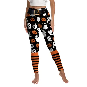 Women's Halloween yoga leggings with ghost, pumpkin prints and striped ankles
