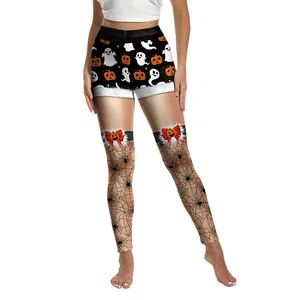 Halloween high-waist leggings with spooky ghost patterns and striped spider web print