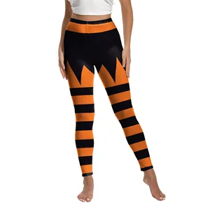 Women's Halloween leggings with orange and black stripes and ghost digital print