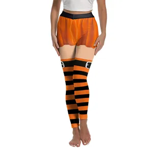 Womens Halloween leggings with orange and black stripes plus ghost pumpkin digital prints