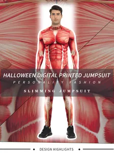 Close-up of muscle digital print texture and zipper collar on men halloween jumpsuit