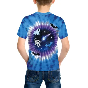 Halloween Kinder T-Shirt mit blauem Batikmuster und Astronauten-Print auf der Rückseite
