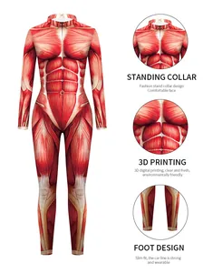 Detailed 3D muscle anatomy print on slim fit bodysuit with stand collar and zipper