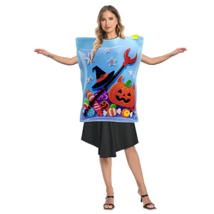 Disfraz de bolsa de dulces de Halloween azul con calabaza y sombrero para adultos