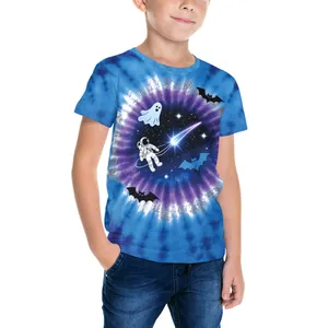 Halloween Kinder T-Shirt mit Weltraum-Geist-Motiv und blau-weißem Batikmuster