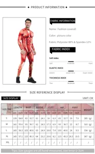 Detailed size chart for muscle print bodysuit with fabric info and measurements in cm and inch