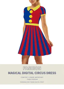 Detail of the circus dress bodice featuring colorful pom-poms and a yellow Peter Pan collar