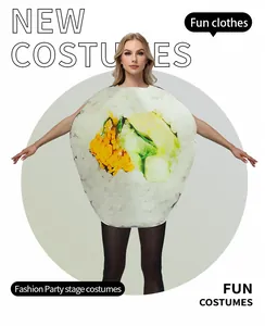 Detail of adult sushi roll costume featuring realistic digital food prints and sponge fabric