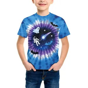 Kinder Halloween Weltraum Geist T-Shirt mit blauem Batikmuster und Astronauten-Grafik