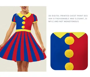 Detail of 3D digital circus print dress with Peter Pan collar and colorful pom-poms