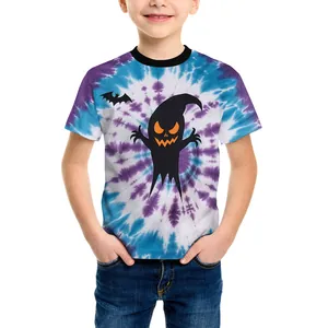 Halloween Tie-Dye T-Shirt für Jungen mit lustigem Geist- und Fledermausdruck in Blau-Lila