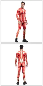 Detailed front and back view of men's muscle anatomy print long sleeve bodysuit