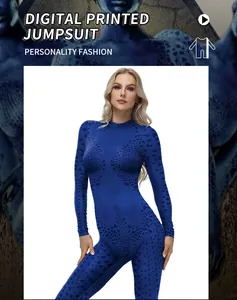 Detail of high-stretch blue digital printed jumpsuit with biological texture for cosplay