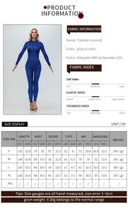 Detailed size chart for superhero printed bodysuit with polyester and spandex fabric info