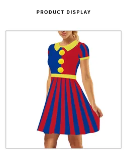 Detail view of circus clown dress with red and blue stripes and yellow pompoms decoration