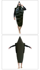 Front and back view of Halloween mummy costume with realistic bandage prints and hooded design