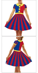 Detail of colorful circus clown costume dress with yellow pom-poms and striped skirt