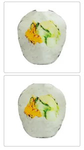 Detailed views of realistic sushi costume with digital rice and vegetable prints