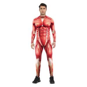 Men's bodysuit featuring realistic anatomical human muscle digital print for Halloween costumes