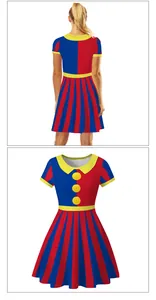 Detail view of circus-themed dress with red and blue stripes and yellow pom-poms