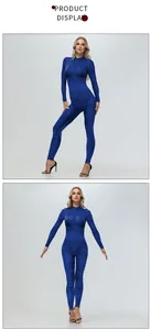 Detail showing the intricate lace texture and high collar on this slim blue bodysuit