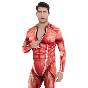 Mens muscle print bodysuit for Halloween featuring 3D anatomical anatomy digital pattern