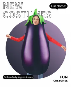 Detailed view of adult eggplant costume featuring foam fabric and purple digital print