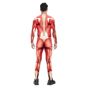 Men's muscle anatomy bodysuit with 3D digital back print for Halloween cosplay costumes