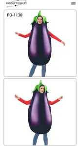 Detail view of adult eggplant costume showing 3D vegetable shape and purple digital print