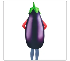 Close-up of a purple eggplant costume with green leaf stem made of shiny synthetic fabric