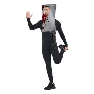 Halloween costume featuring a bloody cleaver knife headpiece and black jumpsuit