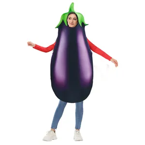 Funny adult eggplant costume with purple tunic and green headpiece for carnival parties