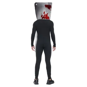 Halloween bloody cleaver costume with black jumpsuit and realistic gore headpiece