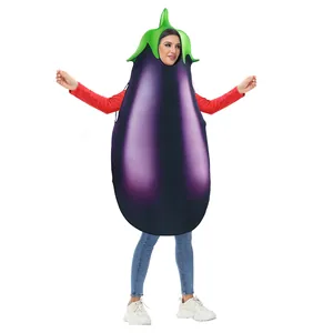 Funny purple eggplant costume for adults with green stem headpiece for Halloween parties