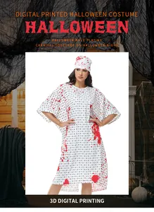 Detail of 3D digital blood splatter print on Halloween bloody apron and headscarf set