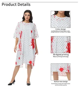 Detail of 3D digital blood splatter print and stitching on a white horror costume
