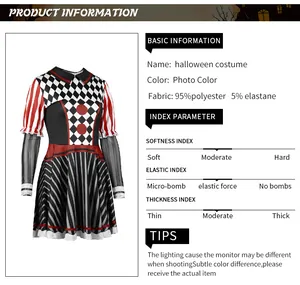 Vue détaillée de robe d'Halloween à motif de clown avec détails du tissu élasthanne